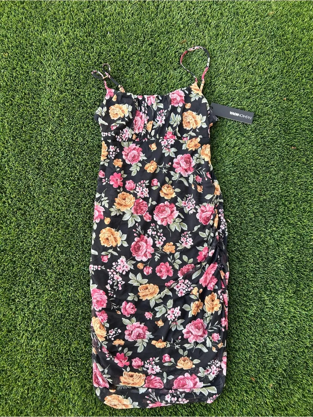 Floral Spaghetti Strap Black Mini Dress